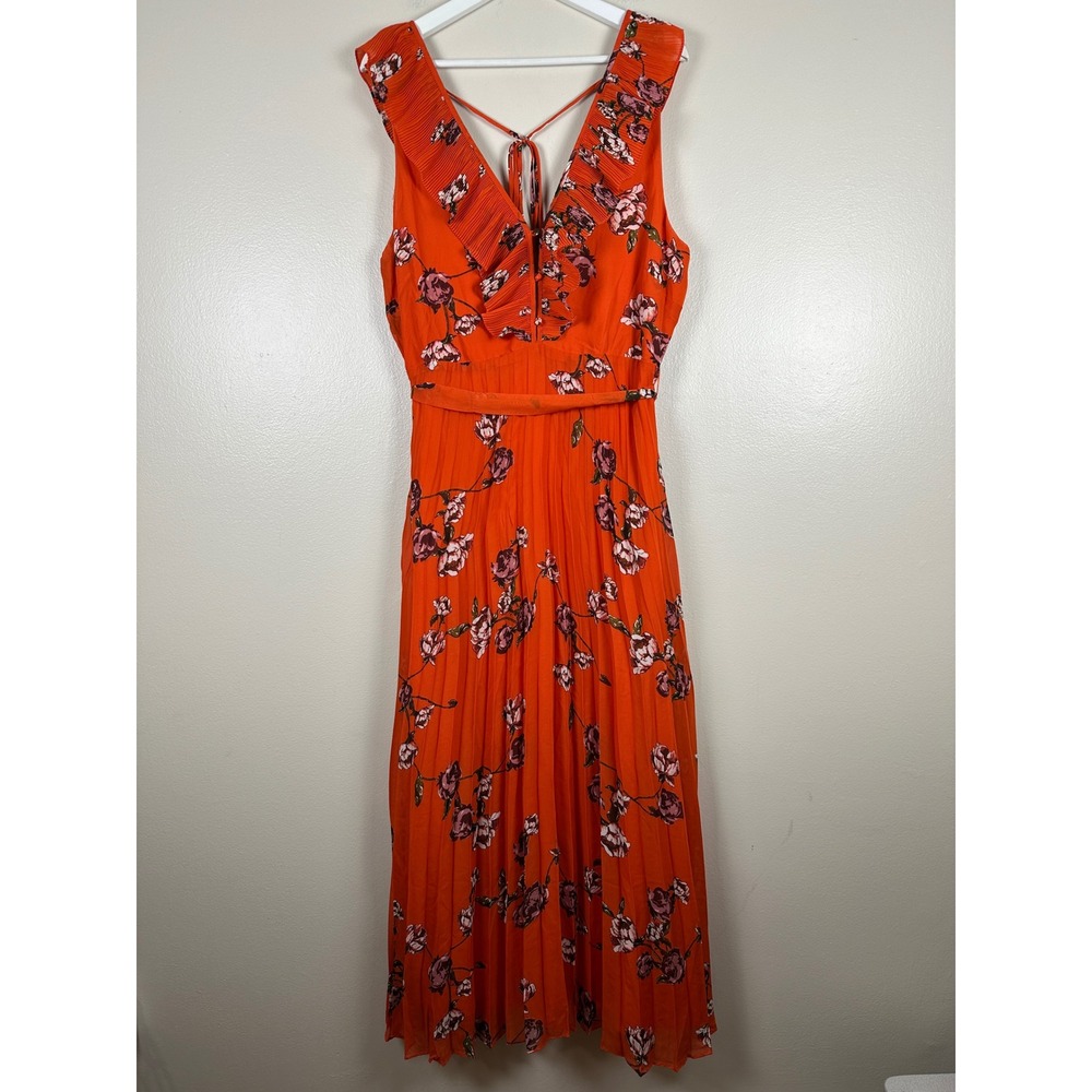 Lulus Women's XL Maxi Dress Orange Floral Pleated Ruffle V-Neck Chic NEW